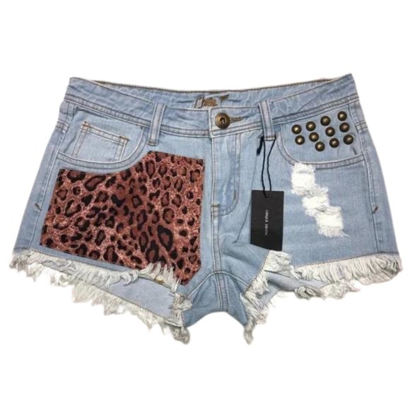 Chiqle Denim Pants - Chiqle Denim Leopard Print Patch and Studded Distressed Blue Jean Shorts